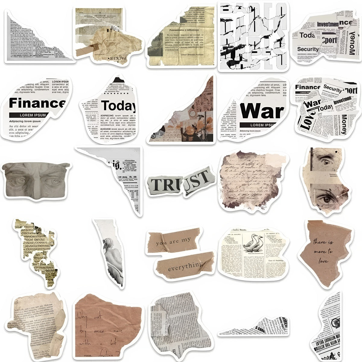 Zestaw naklejek z kolażami ze starych gazet