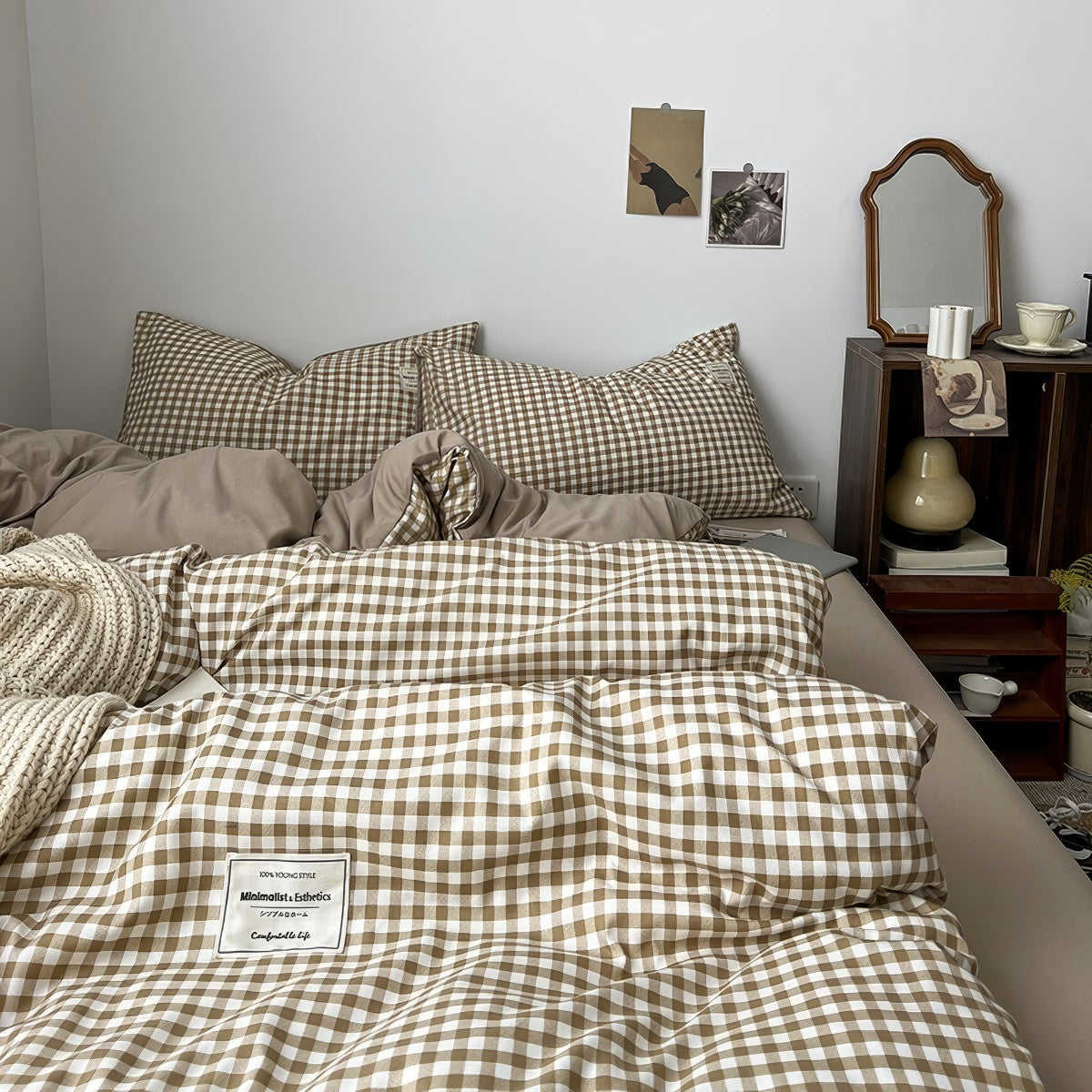 Zestaw pościeli w jasnobrązową kratę