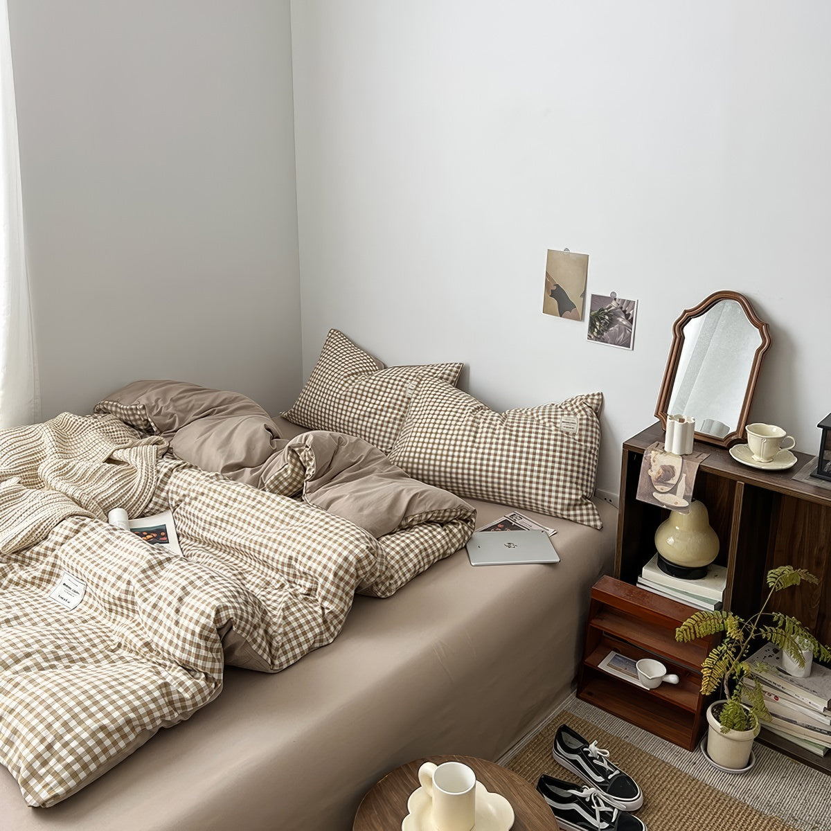 Zestaw pościeli w jasnobrązową kratę