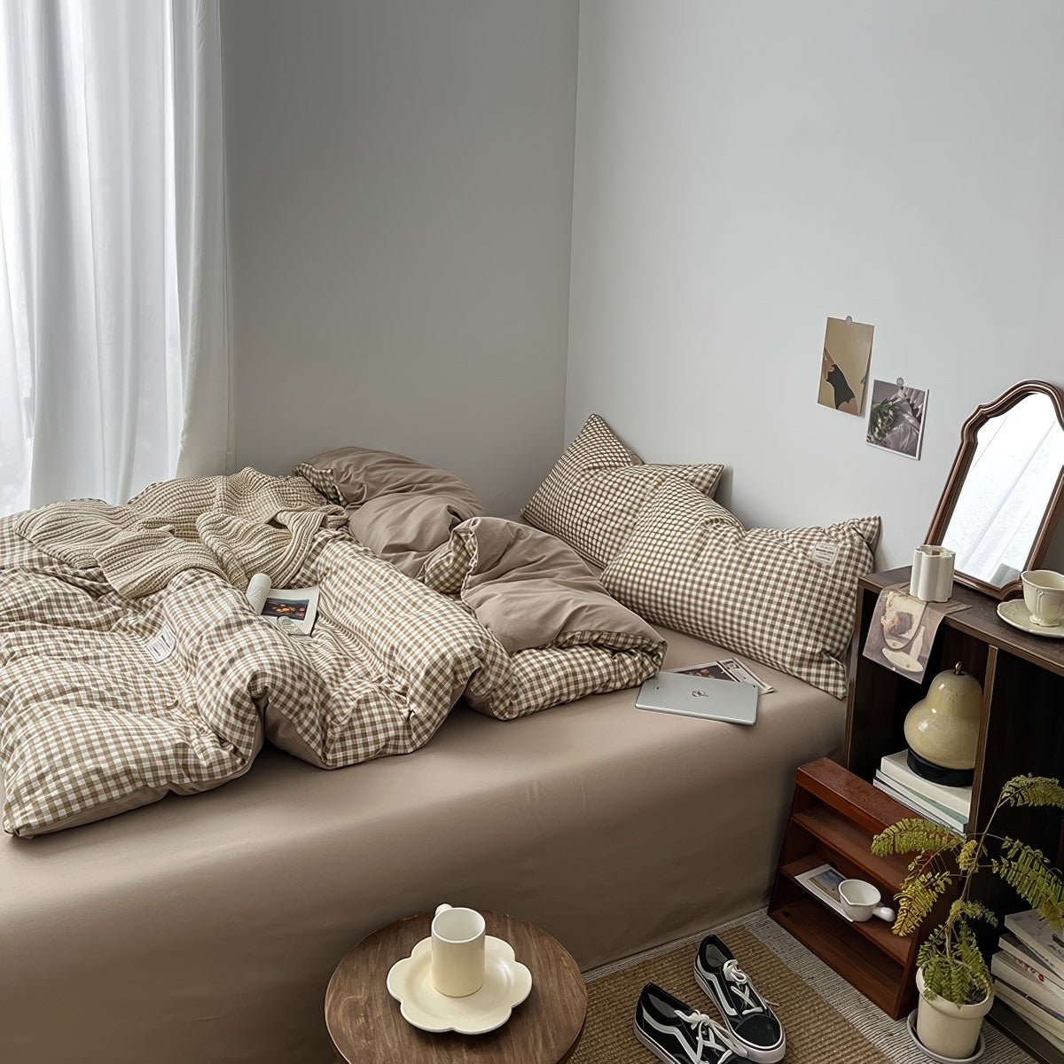 Zestaw pościeli w jasnobrązową kratę