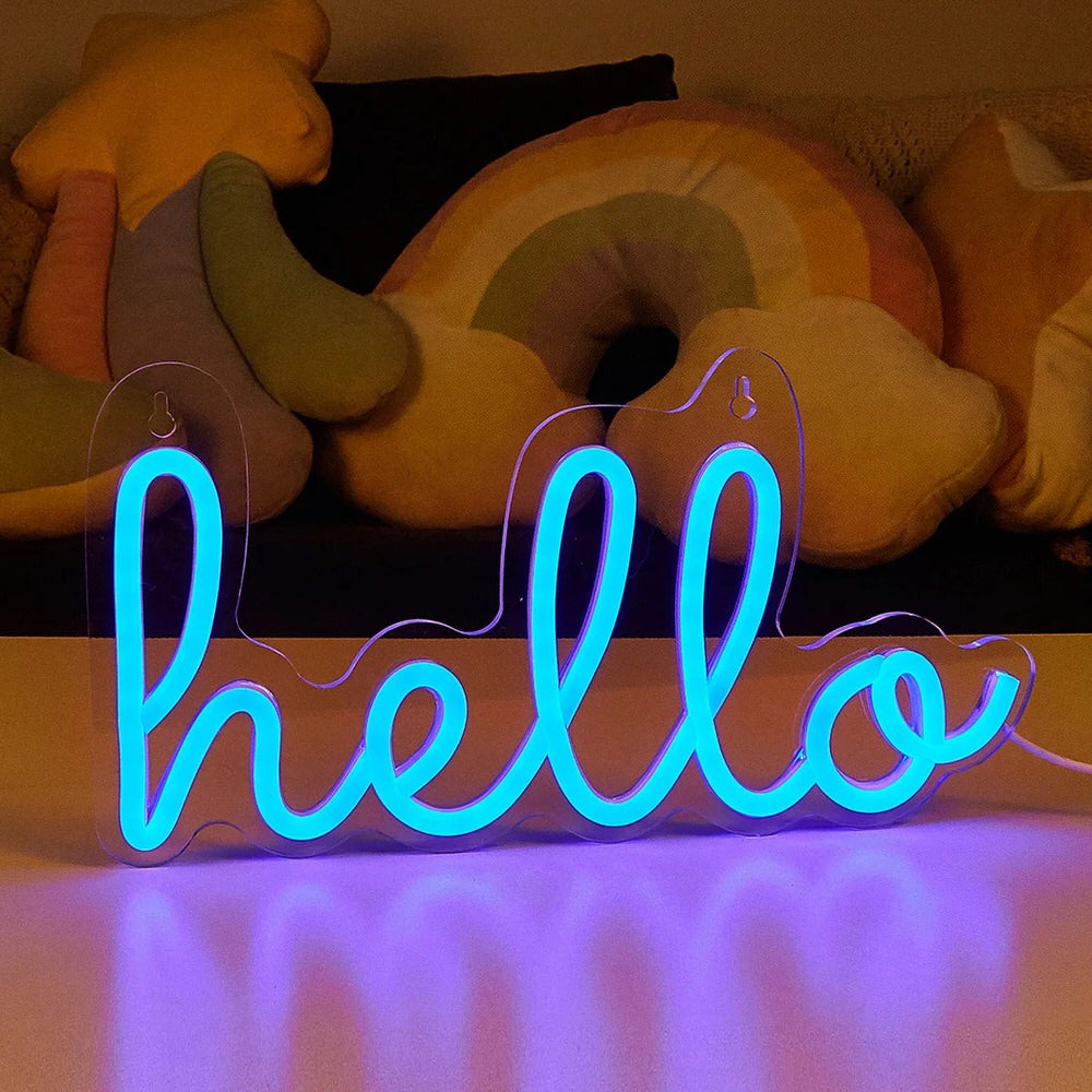 Niebieski neon LED z napisem Hello