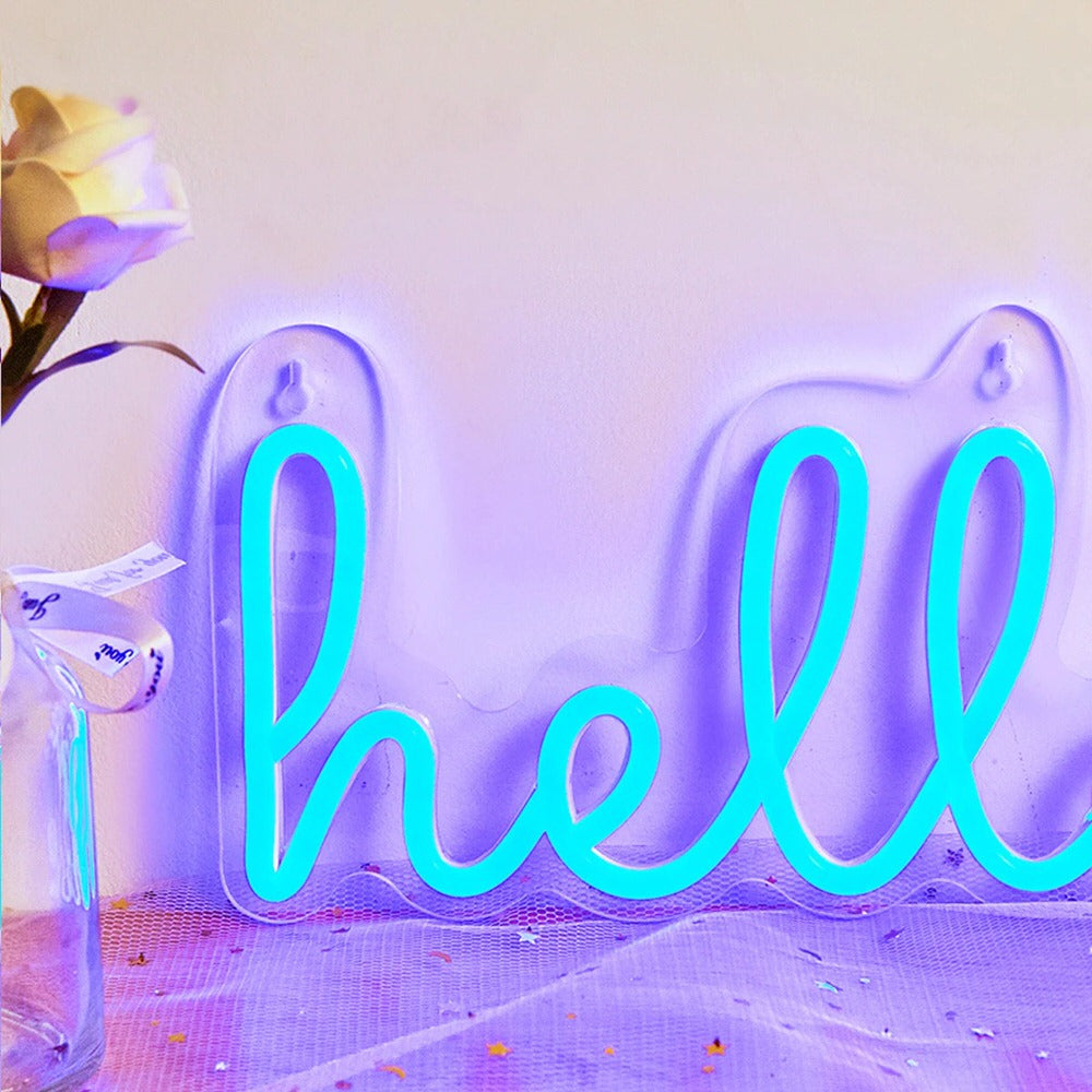 Niebieski neon LED z napisem Hello