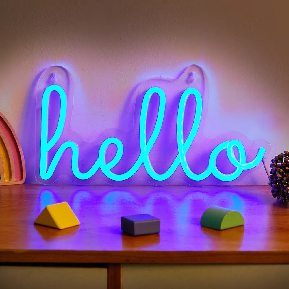 Niebieski neon LED z napisem Hello