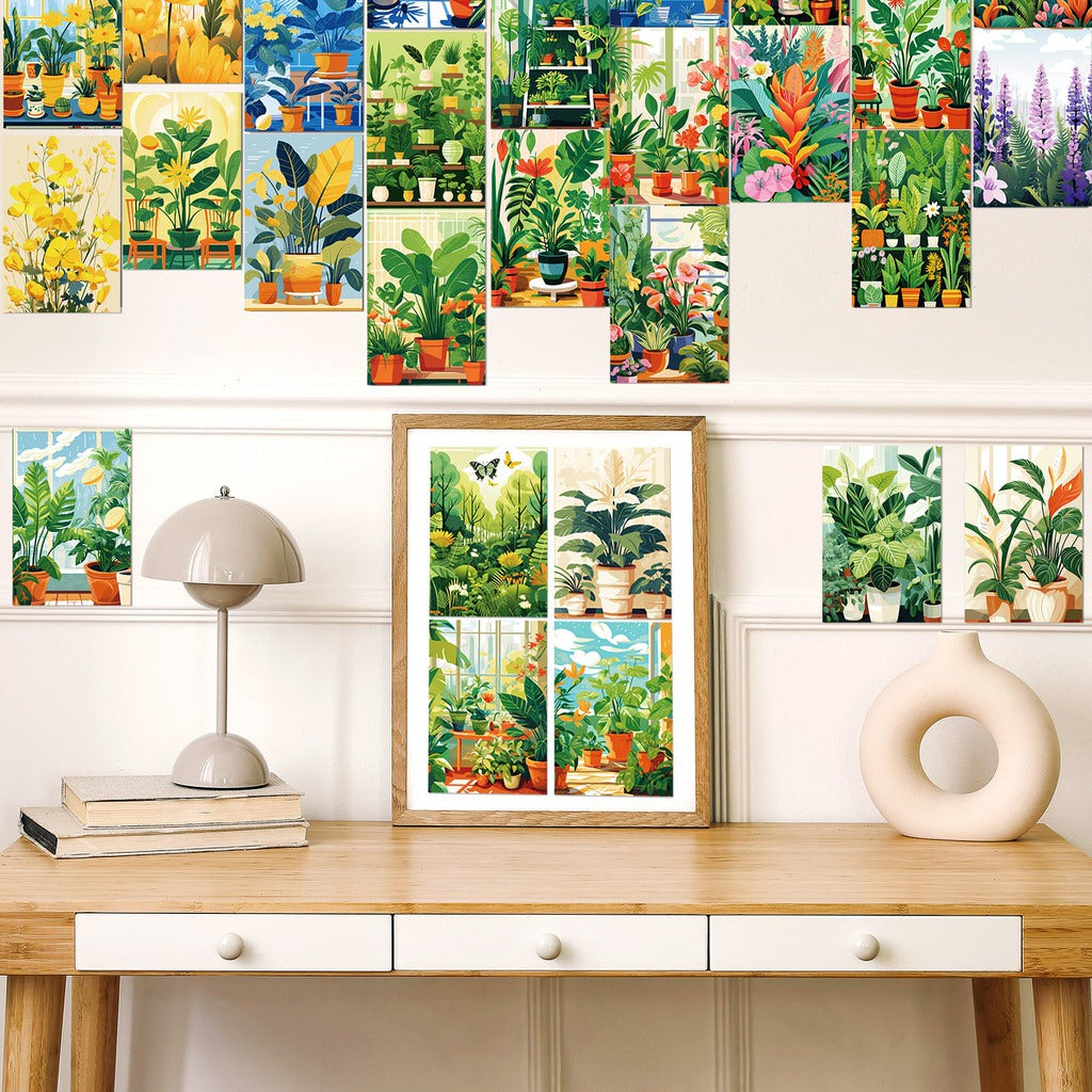 Zestaw kartkolorów z zielonymi kwiatami na ścianę