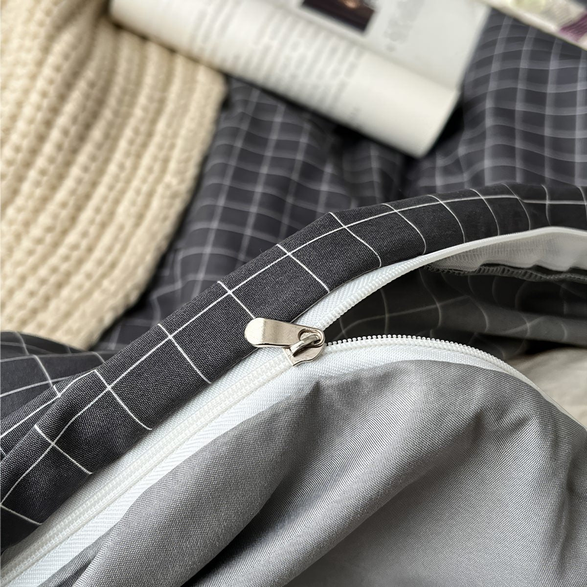 Minimalistyczny zestaw pościeli w szarym wzorze kratki