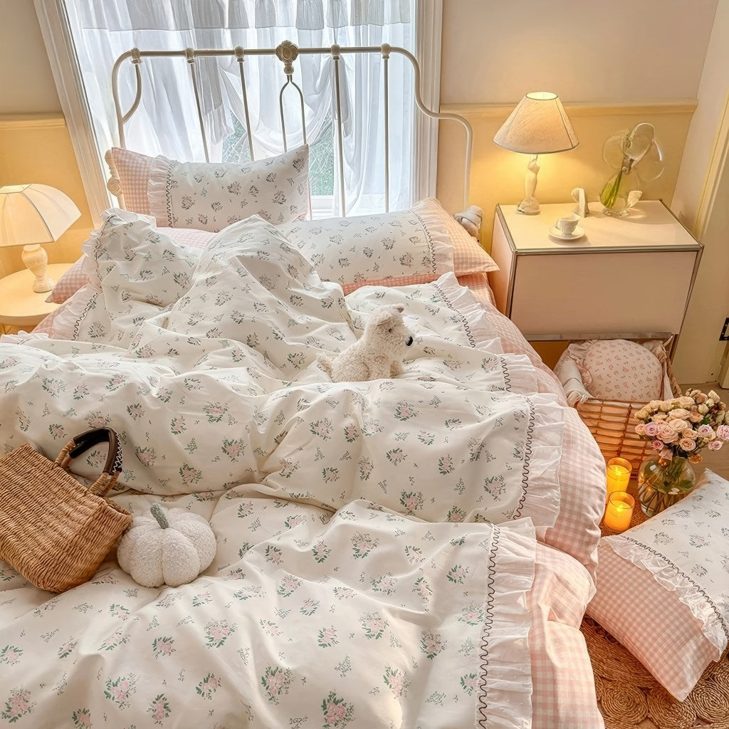 Słodka Babcia Różowa Pościel w Kratę Zestaw Poszwy na Kołdrę