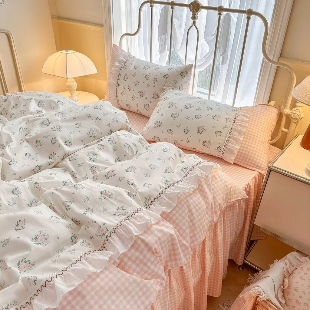 Słodka Babcia Różowa Pościel w Kratę Zestaw Poszwy na Kołdrę