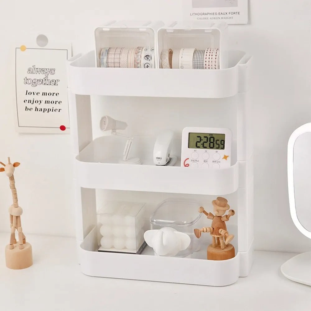 Biała okrągła półka na biurko z miejscem do przechowywania