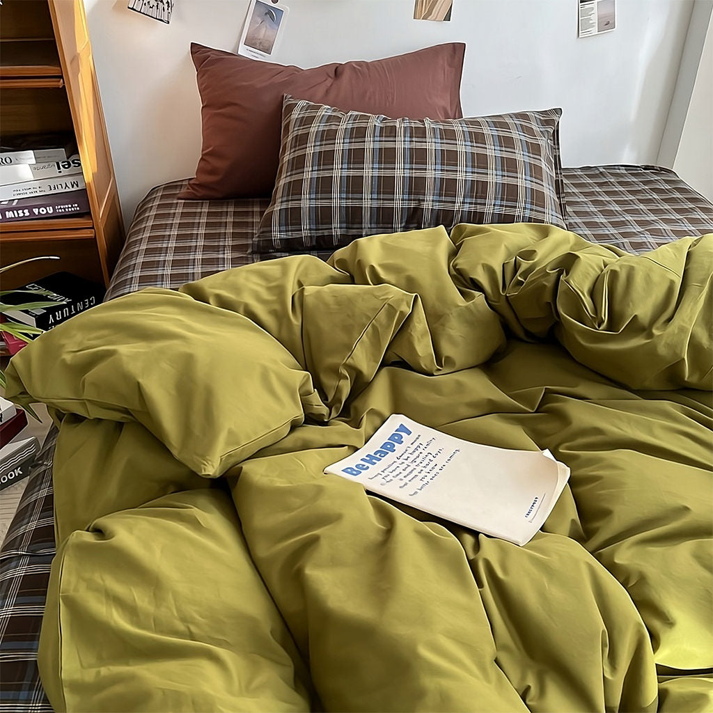 Zestaw pościeli Rustic w kratę oliwkową