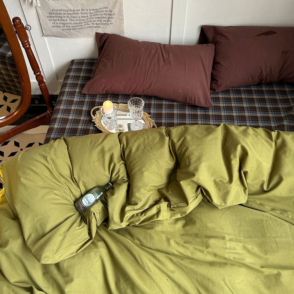 Zestaw pościeli Rustic w kratę oliwkową