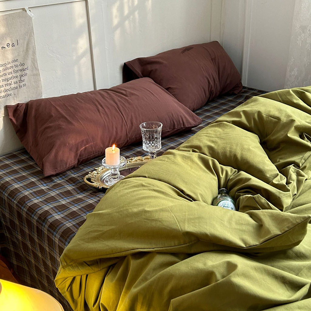 Zestaw pościeli Rustic w kratę oliwkową