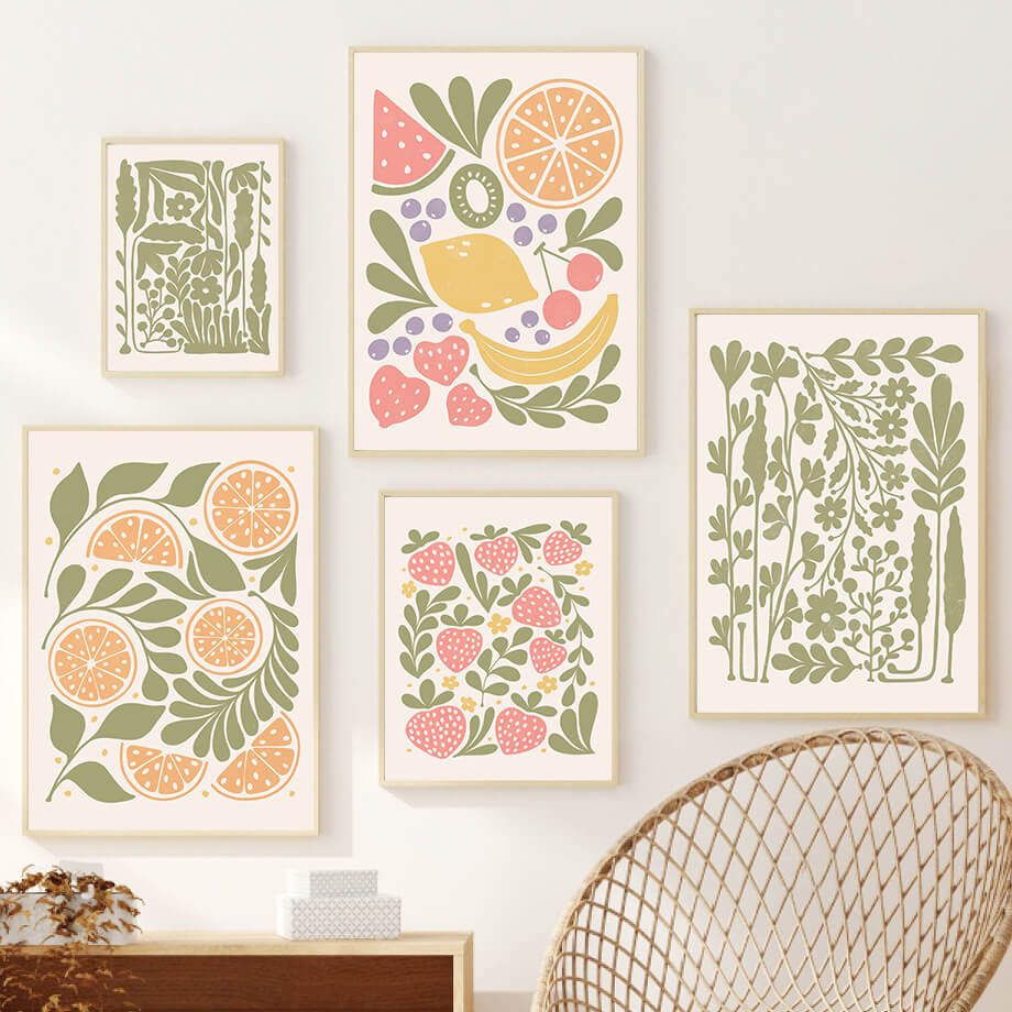 Plakaty na płótnie z owocami w stylu galerii ściennej