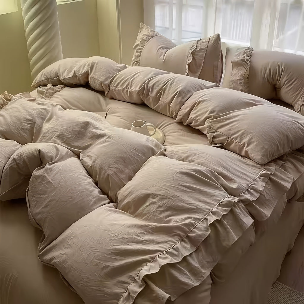 Zestaw pościeli w stylu lnianym z pastelowymi falbanami