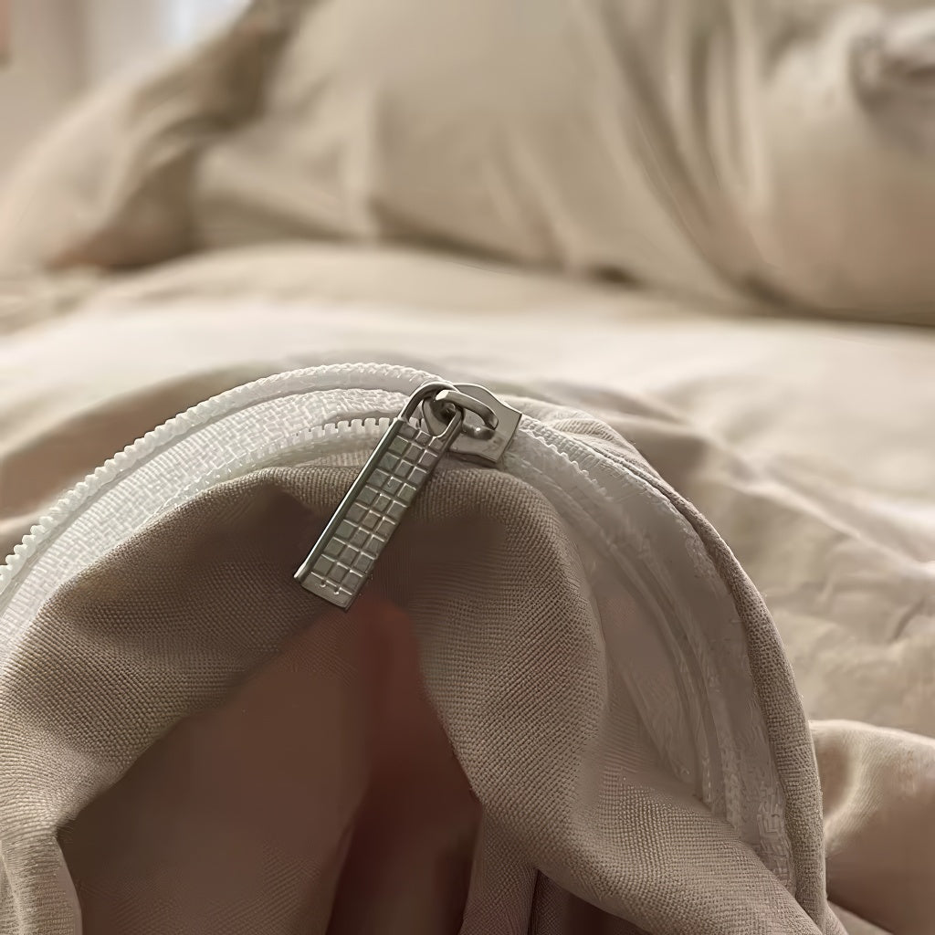 Zestaw pościeli w stylu lnianym z pastelowymi falbanami