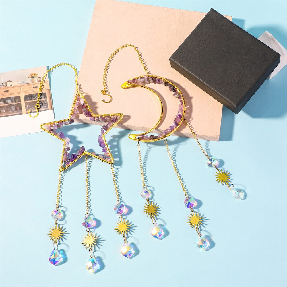 Zestaw naszyjników z ametystem w kształcie księżyca i gwiazdy