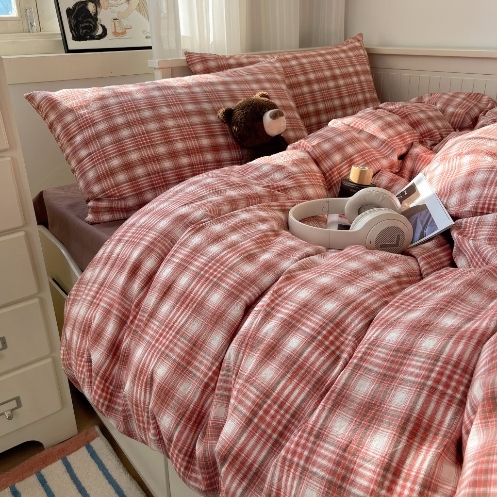 Współczesny zestaw pościeli w stylu vintage plaid cottagecore